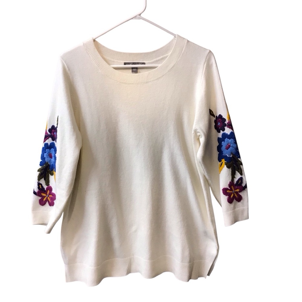 Jessica London Womens Sweater Ivory w/ Embroidered Floral Sleeves Size 14/16